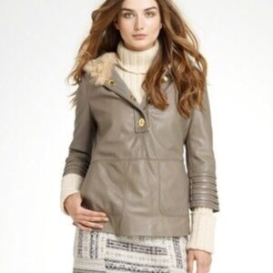 Tory Burch Olive Leather Sylvia Jacket with lamb Fur Trim Sz S $1295 NWT